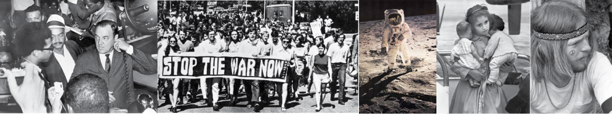 From left to right: Governor Kirk confronted H. Rap Brown, black power agitator, at a Negro rally in Jacksonville; Florida State University students marching for anti-war protest; Astronaut Buzz Aldrin’s faceplate reflecting Neil Armstrong on the moon; a young Cuban refugee holding her dolls; Miami-Dade Junior College student attending peace rally