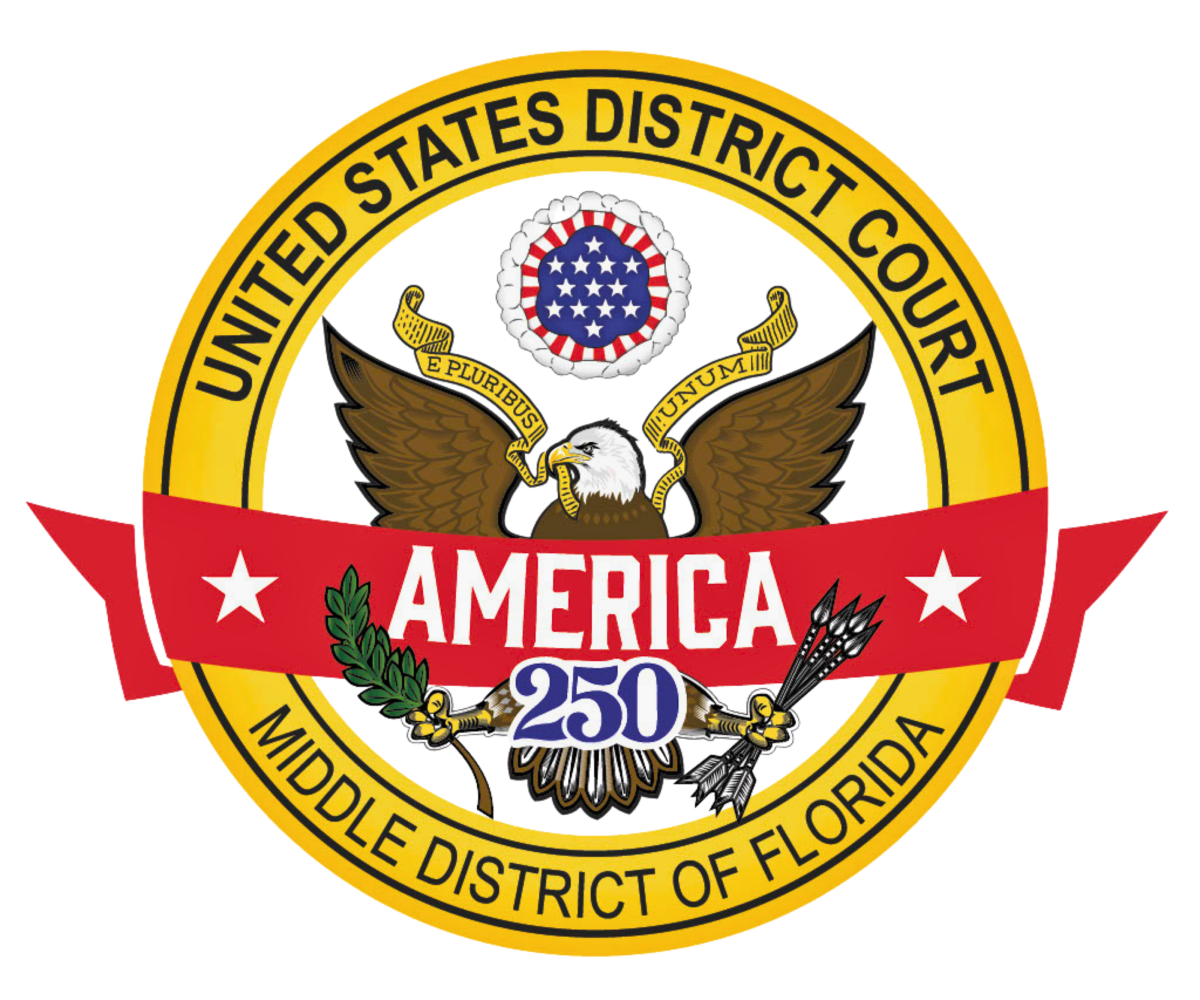 This is the logo for the 2025 High School Essay Contest. On the upper right corner of the graphic, it reads, 'U.S. District Court High School Essay Contest.' The main focus of the graphic is a justice scale. On the left of the scale is the portion of an American flag that is blue with white stars. On the right of the scale is the portion of an American flag that is red- and white-striped. On top of the scale in the center are drawings of four people from diverse backgrounds. In the background of the graphic, the words 'JUSTICE FOR ALL' repeat from left to right, top to bottom.