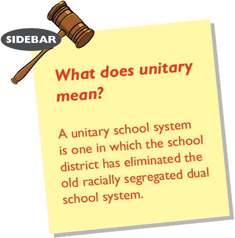What does unitary mean? A unitary school system is one in which the school district has eliminated the old racially segregated dual school system.