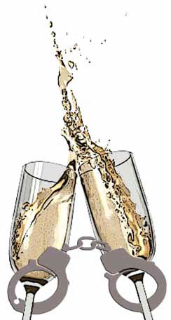 Two champagne flutes, bound by handcuffs, clinking and spilling champagne