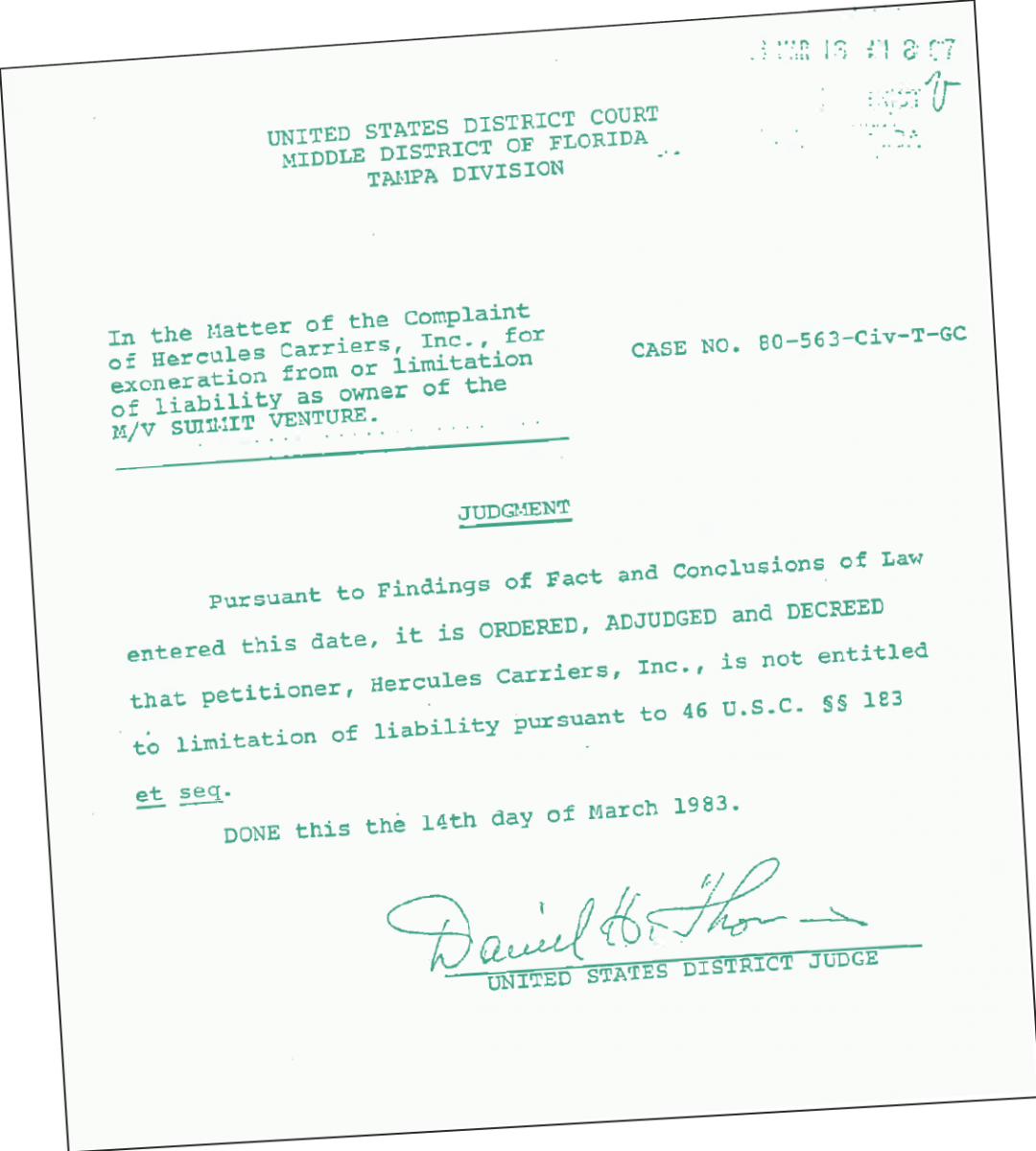 JUDGMENT: Pursuant to the Findings of Fact and Conclusions of Law entered this date, it is ORDERED and DECREED that petitioner, Hercules Carriers, Inc., is not entitled to limitation of liability pursuant to 46 U.S.C. § 183 et seq. DONE this the 14th day of March 1983.