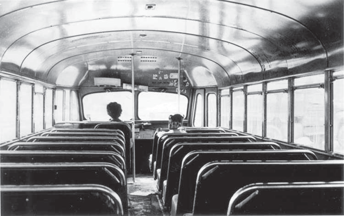 The interior of a public school bus