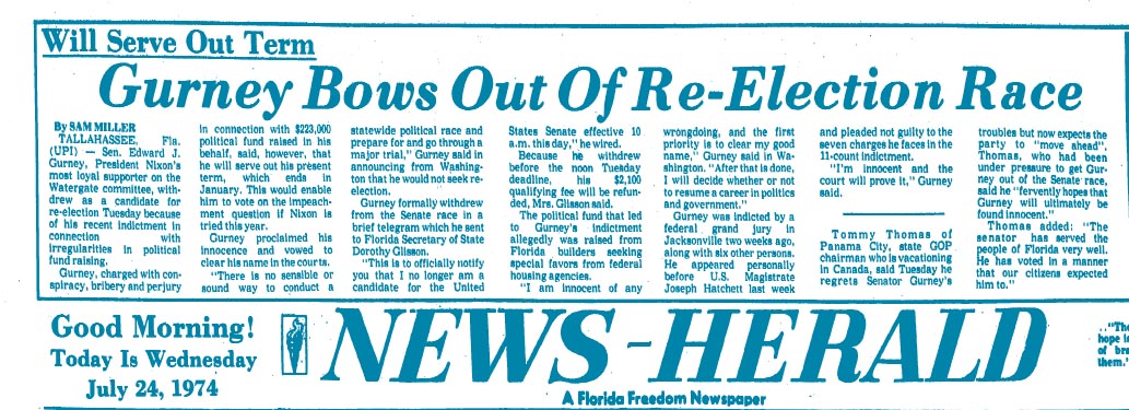 Florida Freedom Newspaper Headline: Gurney Bows Out of Re-Election, Will Serve Out Term