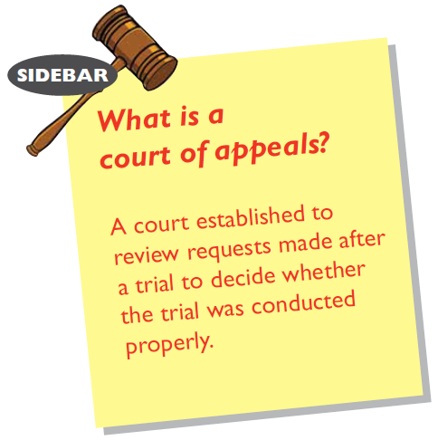 What is a court of appeals? A court established to review requests made after a trial to decide whether the trial was conducted properly. 