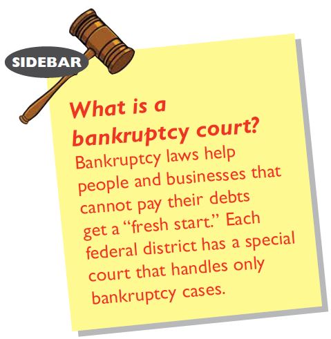 What is a bankruptcy court? Bankruptcy laws help people and businesses that cannot pay their debts get a "fresh start." Each federal district has a special court that handles only bankruptcy cases.