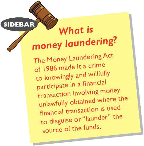 What is money laundering? The Money Laundering Act of 1985 made is a crime to knowingly and willfully participate in a financial transaction involving money unlawfully obtained where the financial transaction is used to disguise or "launder" the source of the funds.