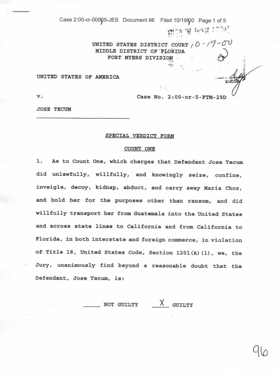 Jose Tecum was found guilty of kidnapping, slavery, immigration violations, and fraud and misuse of visas.