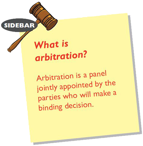  What is arbitration? Arbitration is a panel jointly appointed by the parties who will make a binding decision.