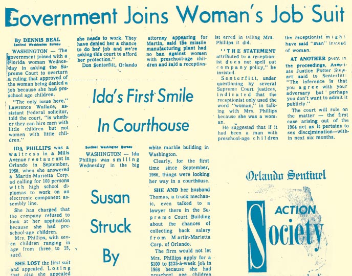 Headline: Government Joins Woman's Job Suit