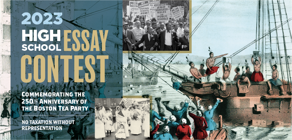 This is the logo for the 2023 High School Essay Contest - Commemorating the 250th Anniversary of the Boston Tea Party.