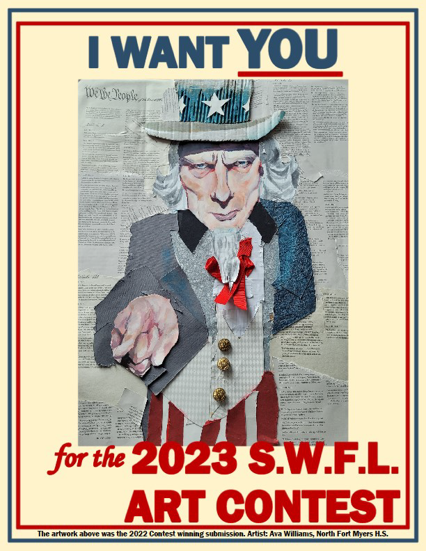 This is the logo for the 2023 Fort Myers Federal Art Contest. It reads: I WANT YOU for the 2023 S.W.F.L. ART CONTEST - This artwork was the 2022 Contest winning submission. Artist: Ava Williams, North Fort Myers H.S.