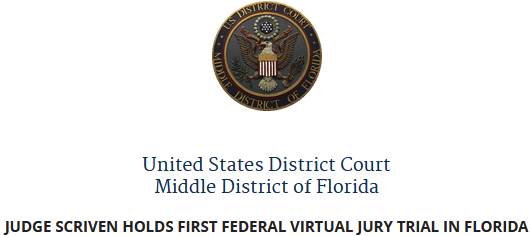 a cropped full-color photograph of the official seal for the Middle District of Florida, along with text that reads: United States District Court Middle District of Florida and the title of this article, which is, "JUDGE SCRIVEN HOLDS FIRST FEDERAL VIRTUAL JURY TRIAL IN FLORIDA"