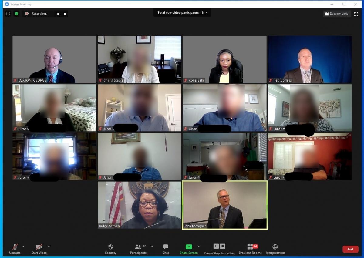  screen shot of the virtual jury trial held by Judge Scriven from January 25 through January 29; it shows 14 faces of various participants of the, including Judge Sciven