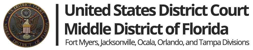 A banner with the seal for the United States District Court for the Middle District of Florida; it reads "United States District Court, Middle District of Florida, Fort Myers, Jacksonville, Ocala, Orlando, and Tampa Divisions"