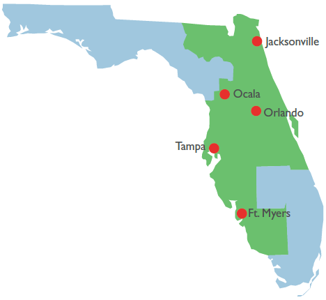 A state map illustrating the courthouse locations of the Middle District of Florida.